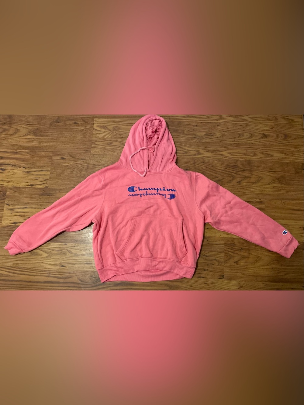 Champion Pink Pullover Hoodie with Blue Script Super Soft